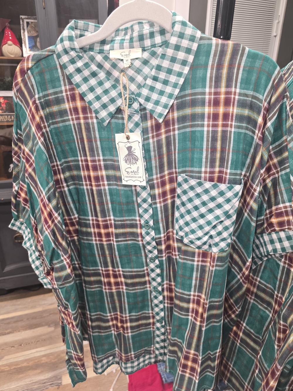 EASEL Green Plaid Button-Up Shirt with Gingham Trim